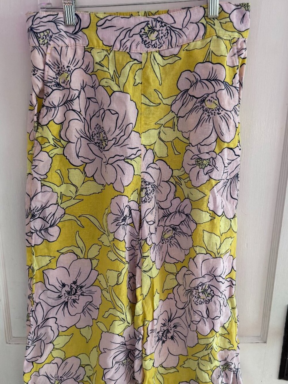 C&C California 100% Linen Yellow & Pink Floral Wide-Leg Ankle Pants Size Small